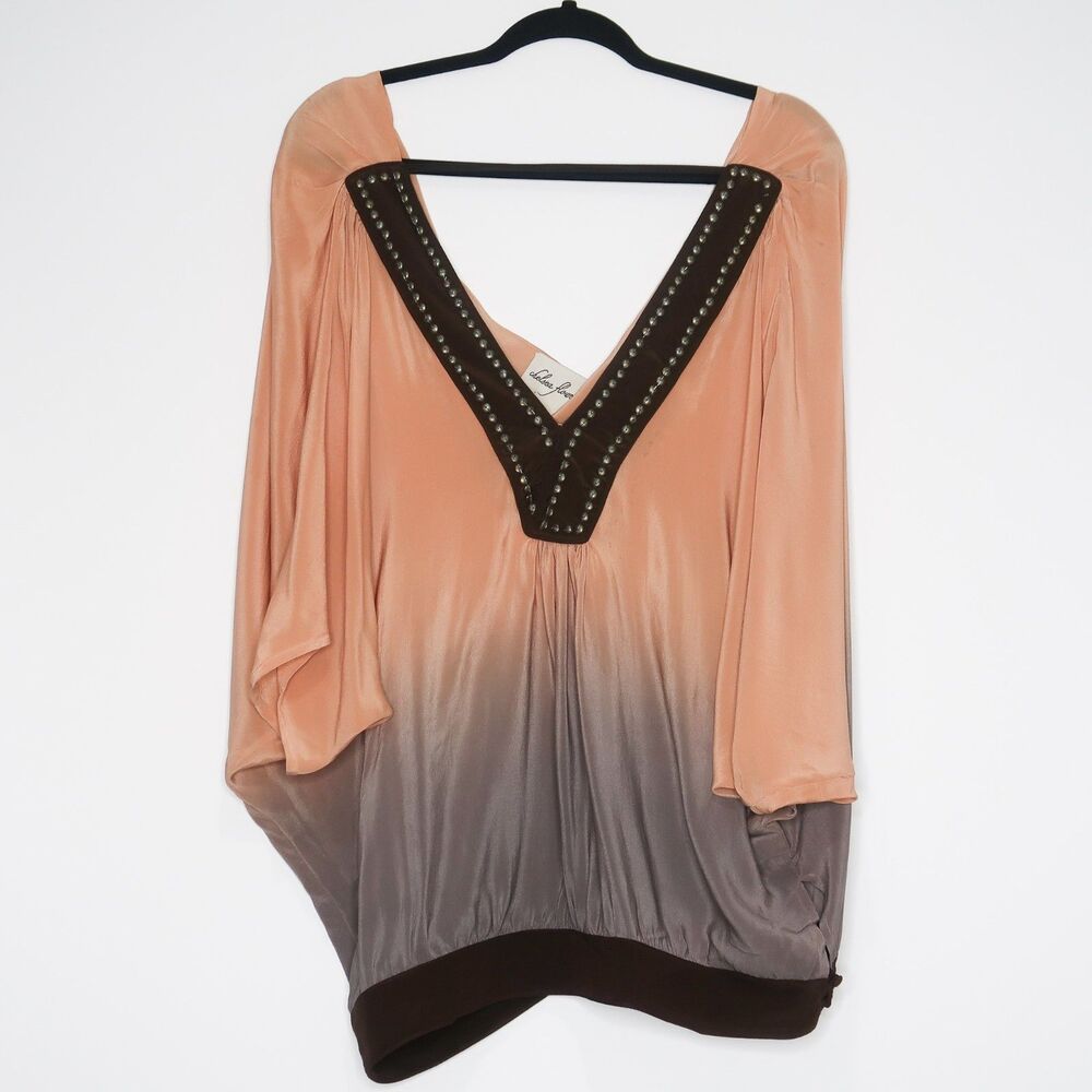 Chelsea Flower Womens Silk Blouse Size Medium Peach Brown‎ Sequins Boho Ombre